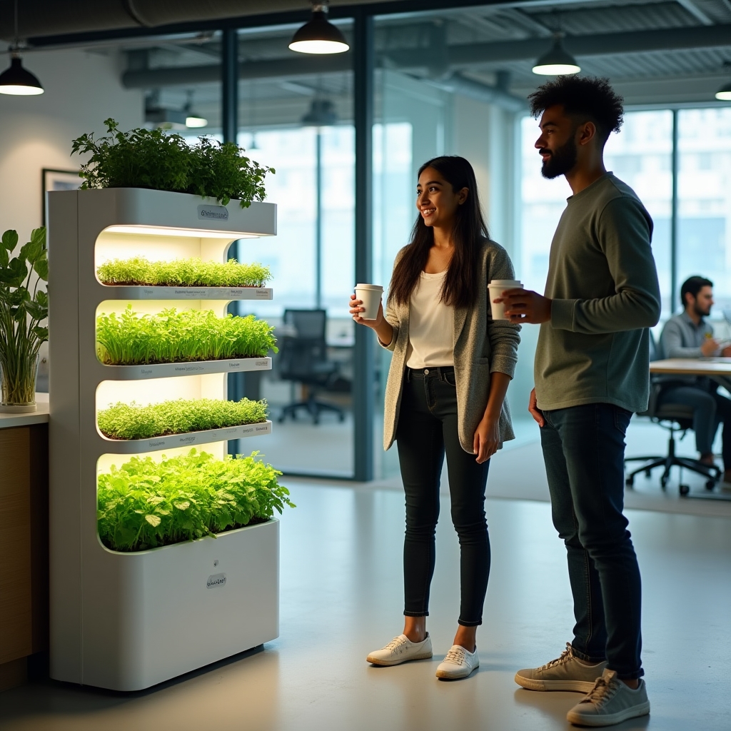 Sleek hydroponic growing unit in a modern corporate office break room with employees nearby