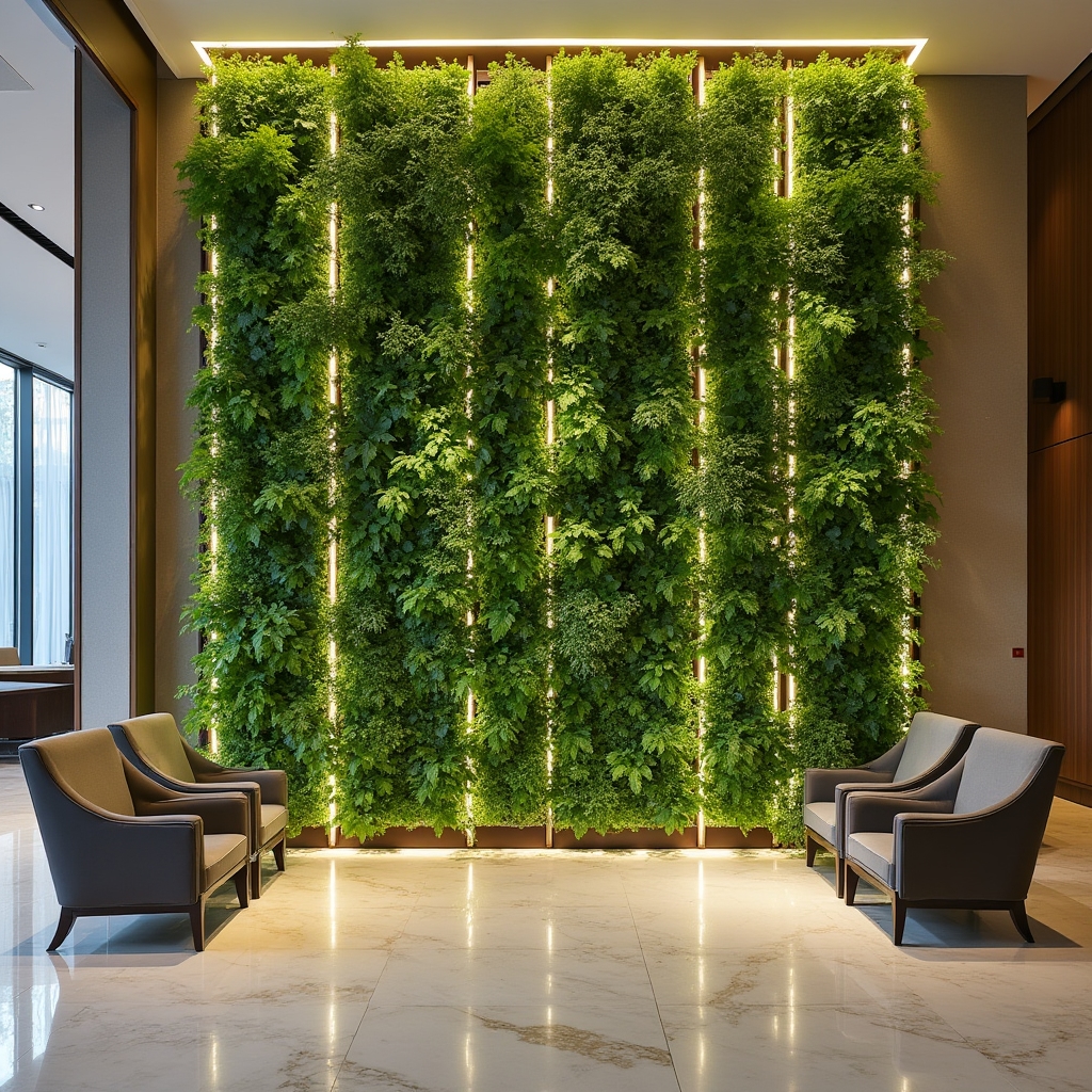 Elegant green living wall hydroponic display in a modern hotel lobby with ambient lighting