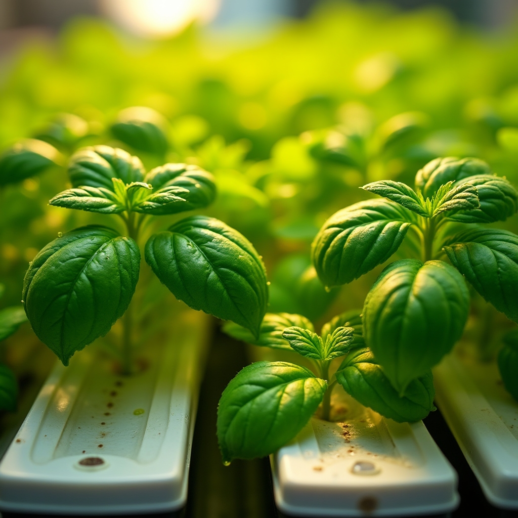 Close-up of freshly grown basil and mint in a hydroponic tray under warm LED light