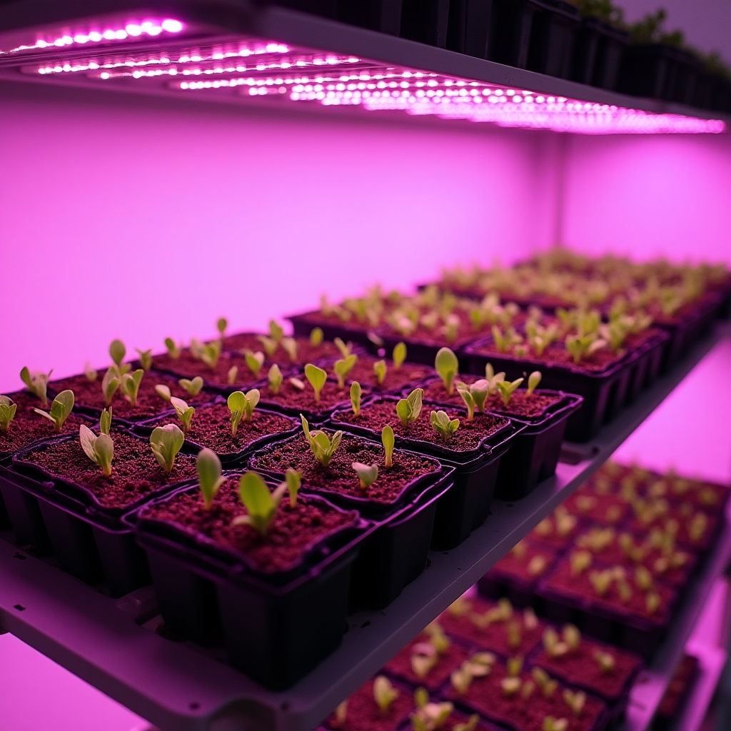 Rows of small seedling trays under LED grow lights in a propagation area, showing young herb seedlings at different growth stages