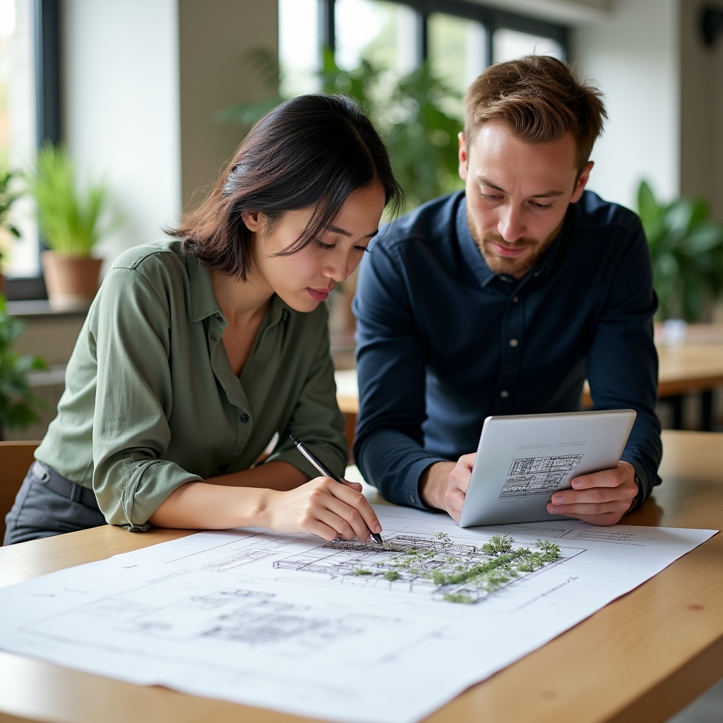 Two young professionals, a woman and a man, leaning over a design drawing on a table in a bright modern workspace, discussing a hydroponic installation plan