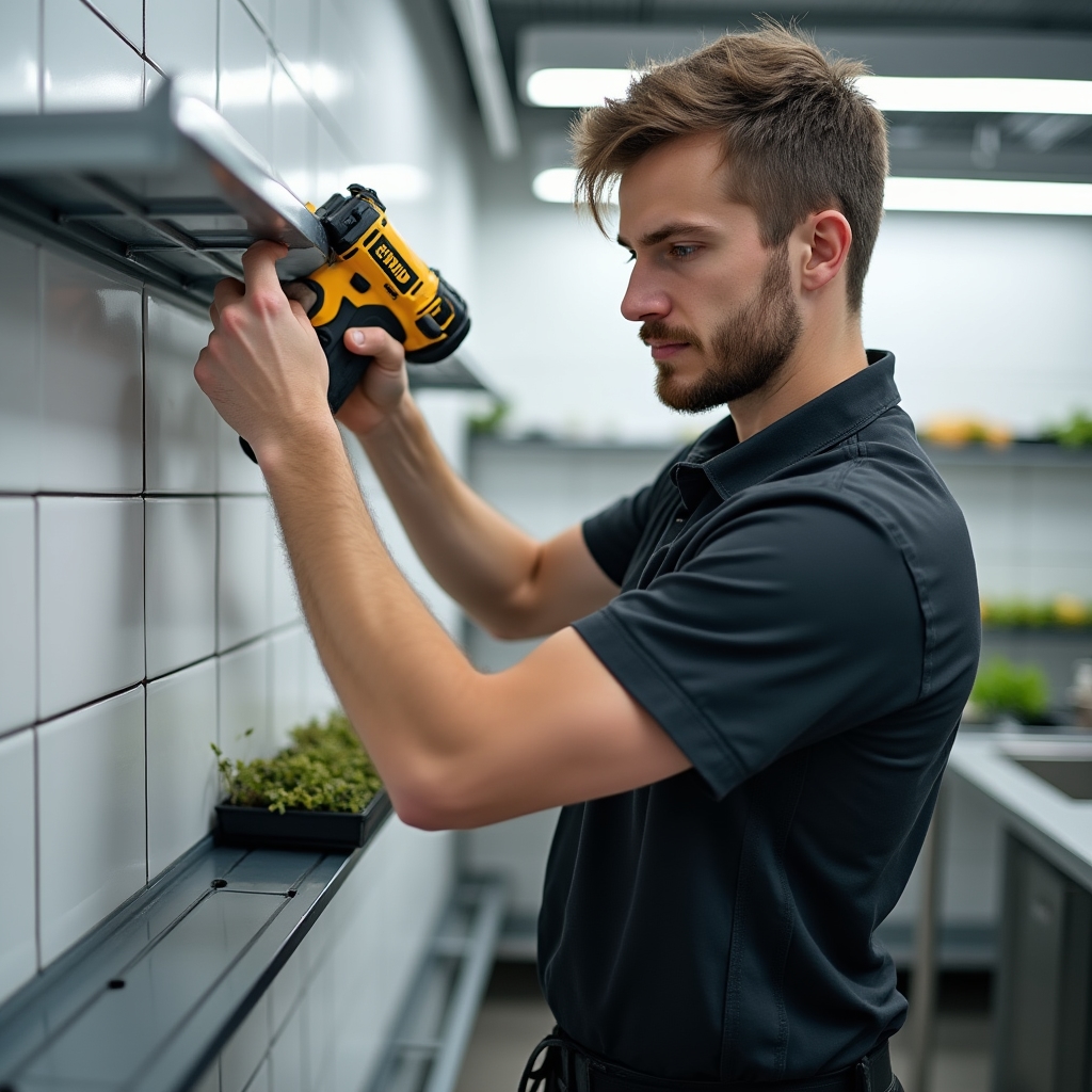 A technician in smart casual clothing installing a modular hydroponic rack frame in a commercial kitchen, measuring and securing components