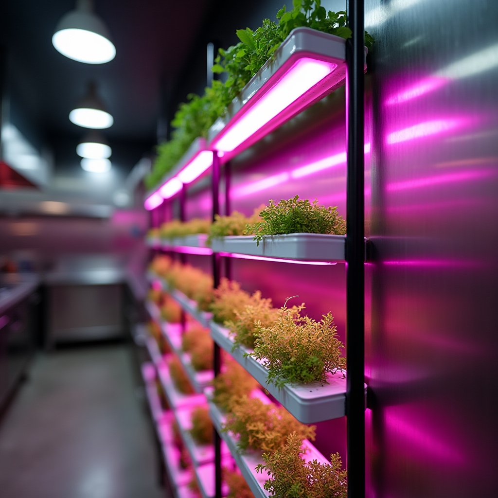 Vertical hydroponic rack installed in a restaurant kitchen with glowing LED lights and fresh herb rows