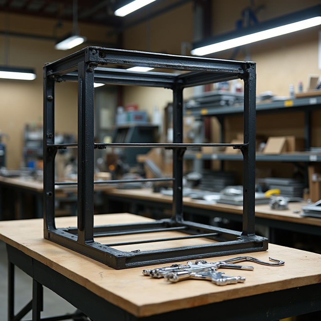 A workshop space with a partially assembled hydroponic rack frame on a workbench, metal components and tools organized neatly around it